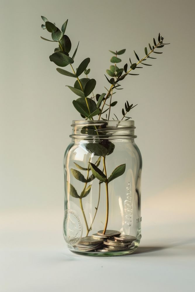 Glass jar filled with coins and a plant herb drinkware container.
