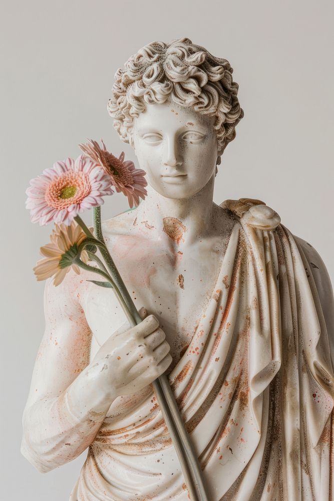 Greek statue holding flower sculpture art representation.