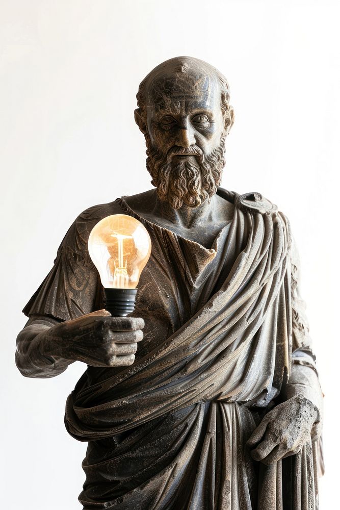 Greek statue holding light bulb sculpture adult representation.