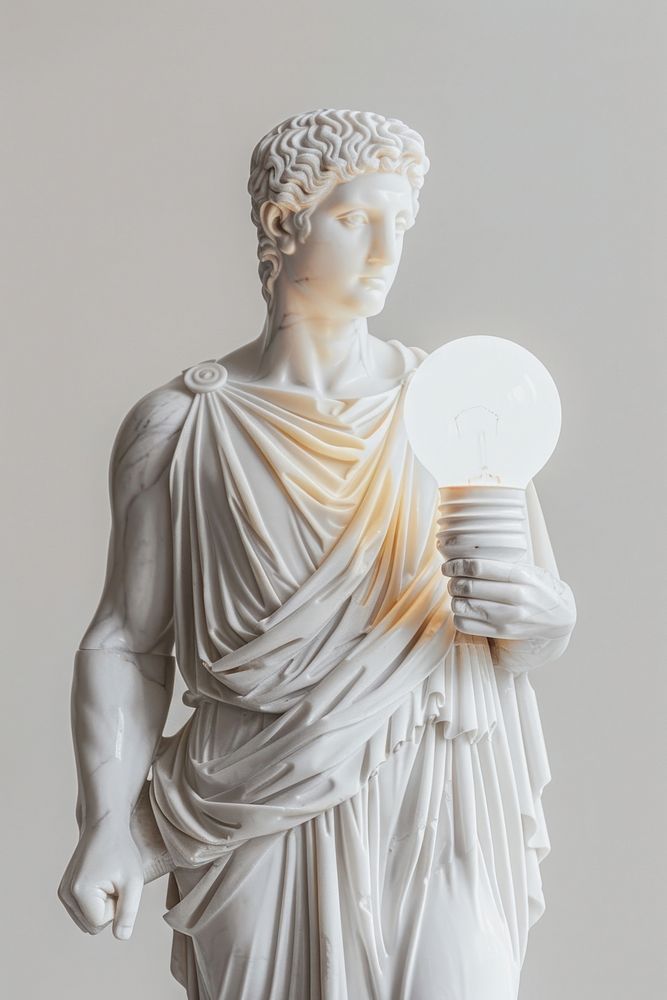 Greek statue holding light bulb sculpture art representation.
