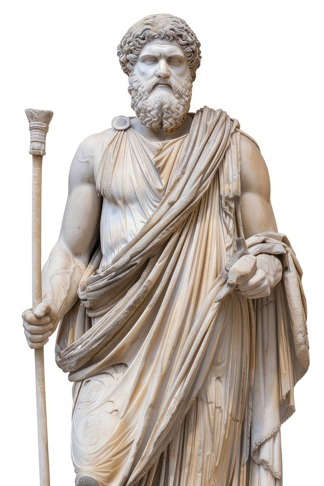 Greek statue holding wand sculpture art white background.