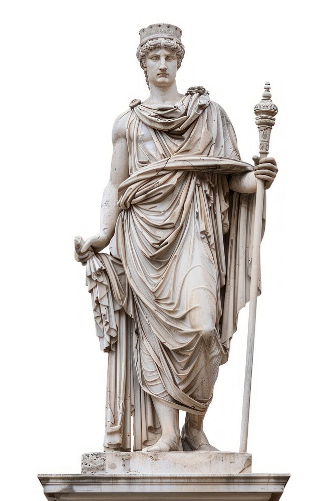 Greek statue holding wand sculpture art white background.