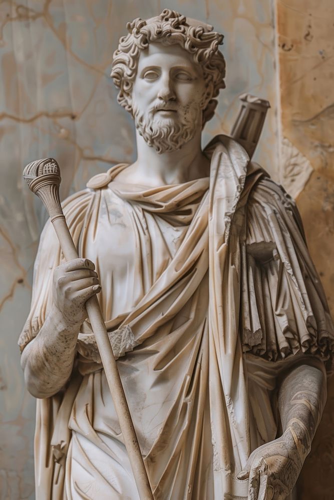 Greek statue holding wand sculpture art representation.