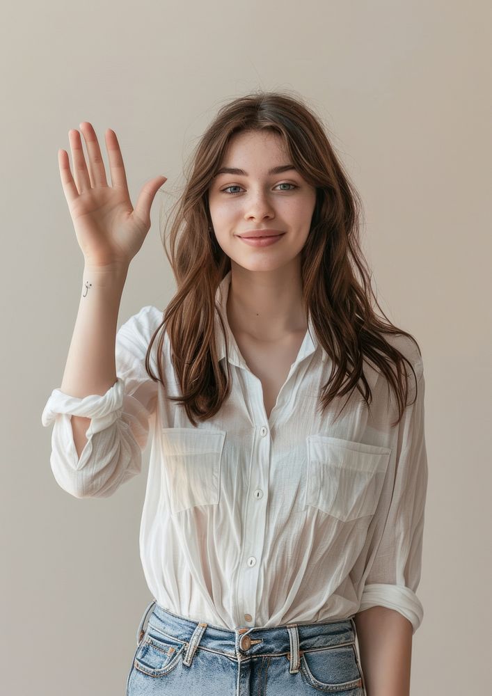 Waving hand portrait blouse photo.
