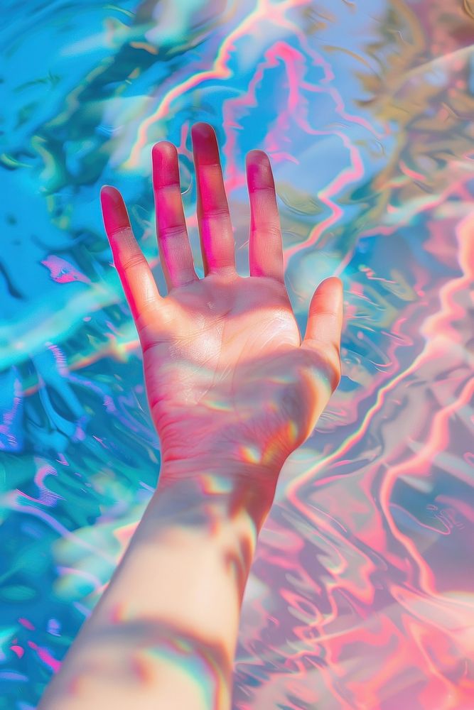 Hand holding nothing finger underwater refraction.