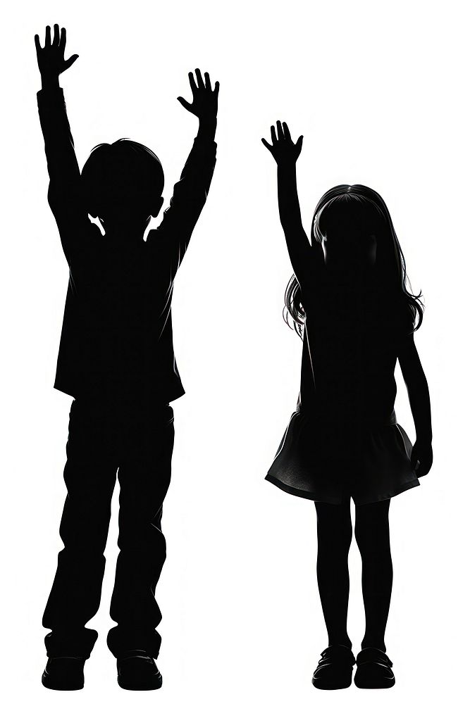 Children standing waving hand silhouette clip art clothing apparel person.