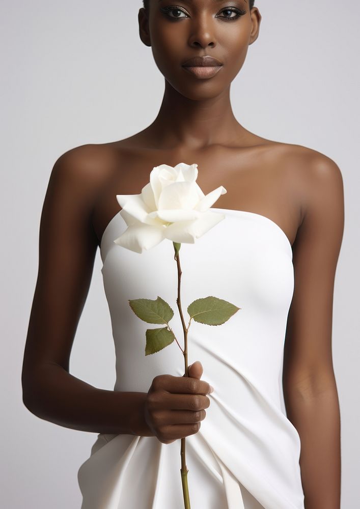 Black Woman in white dress flower clothing blossom.