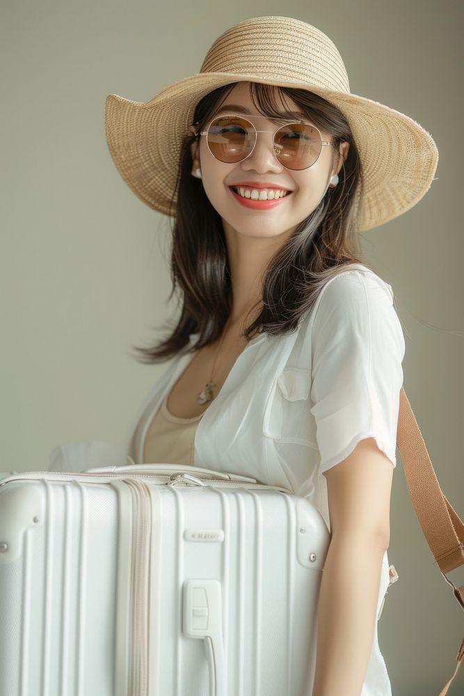 Happy Singaporean woman going on holiday trip glasses happy hat.