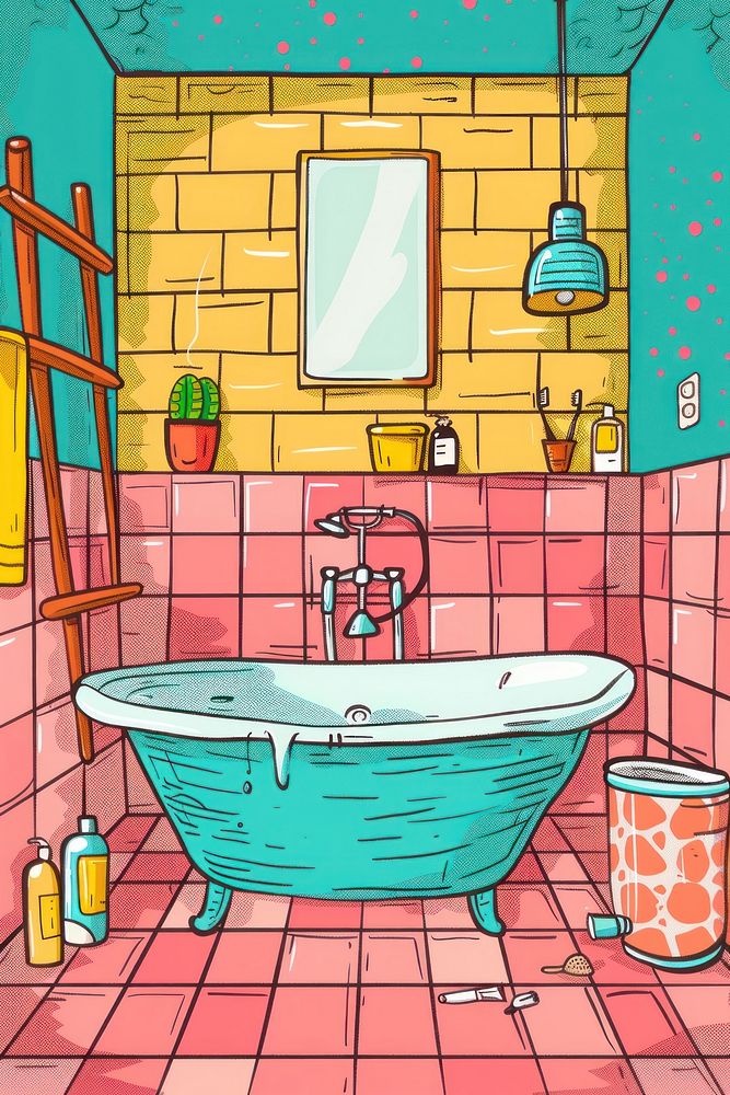 Poster for bathroom bathing bathtub indoors.