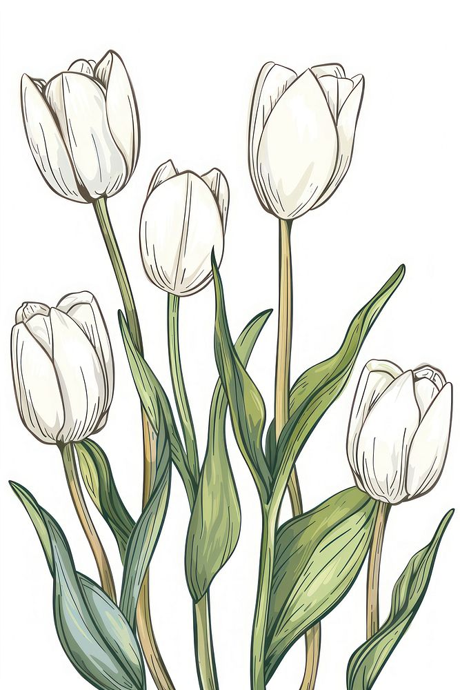 White tulips illustrated blossom drawing.
