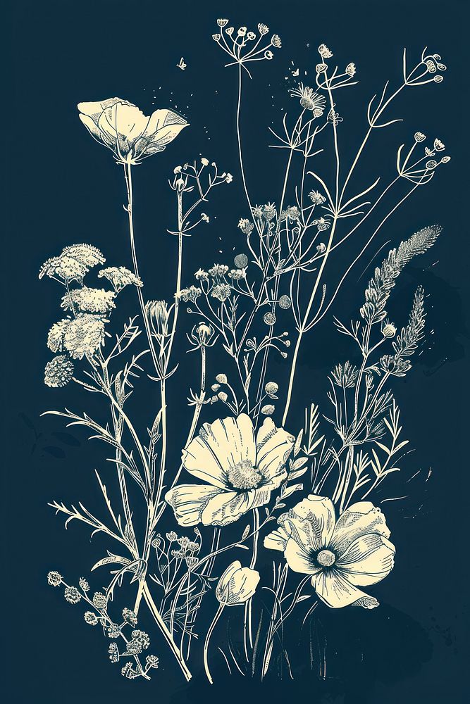 White flowers illustrated graphics painting.