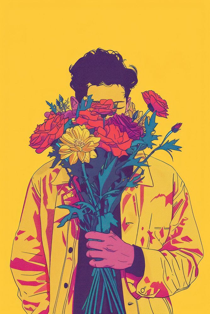 Men with flowers drawing art painting.