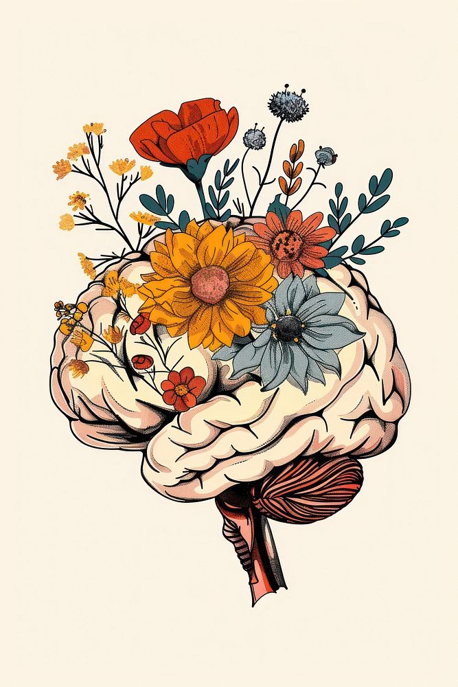 Drawing brain with flowers art pattern sketch.