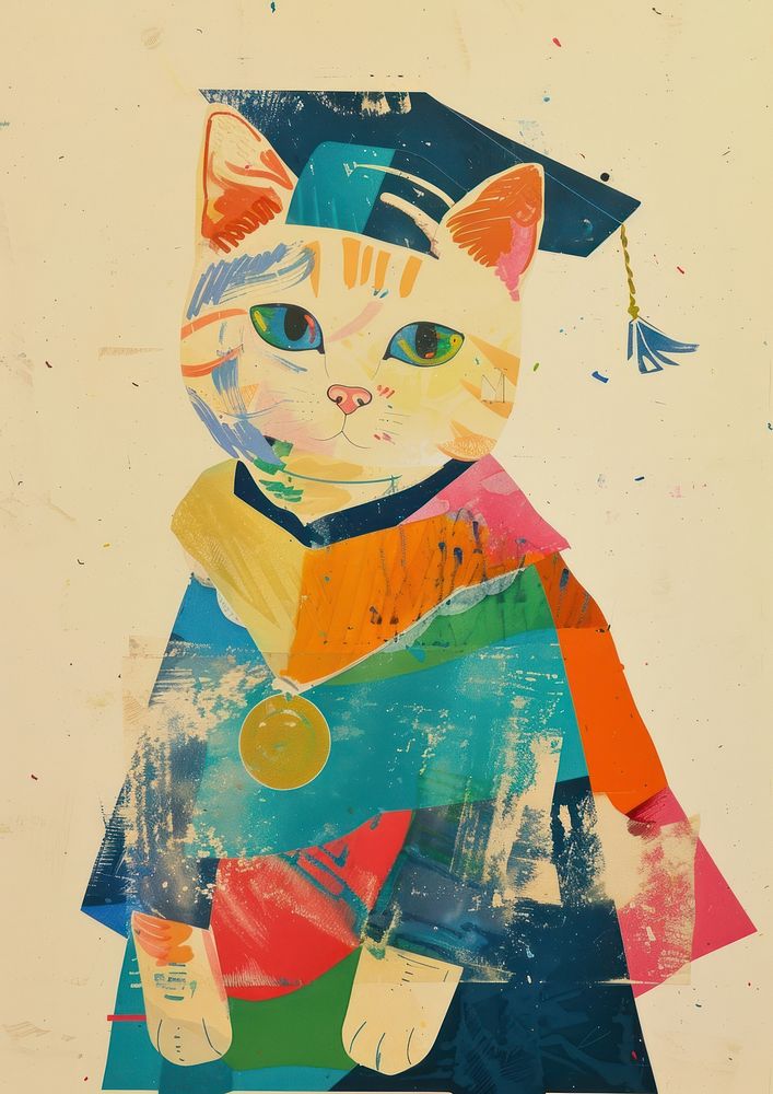 Cat in graduation costume collage art painting.
