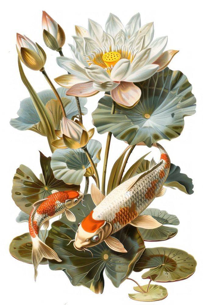 White lotus painting fish lily.