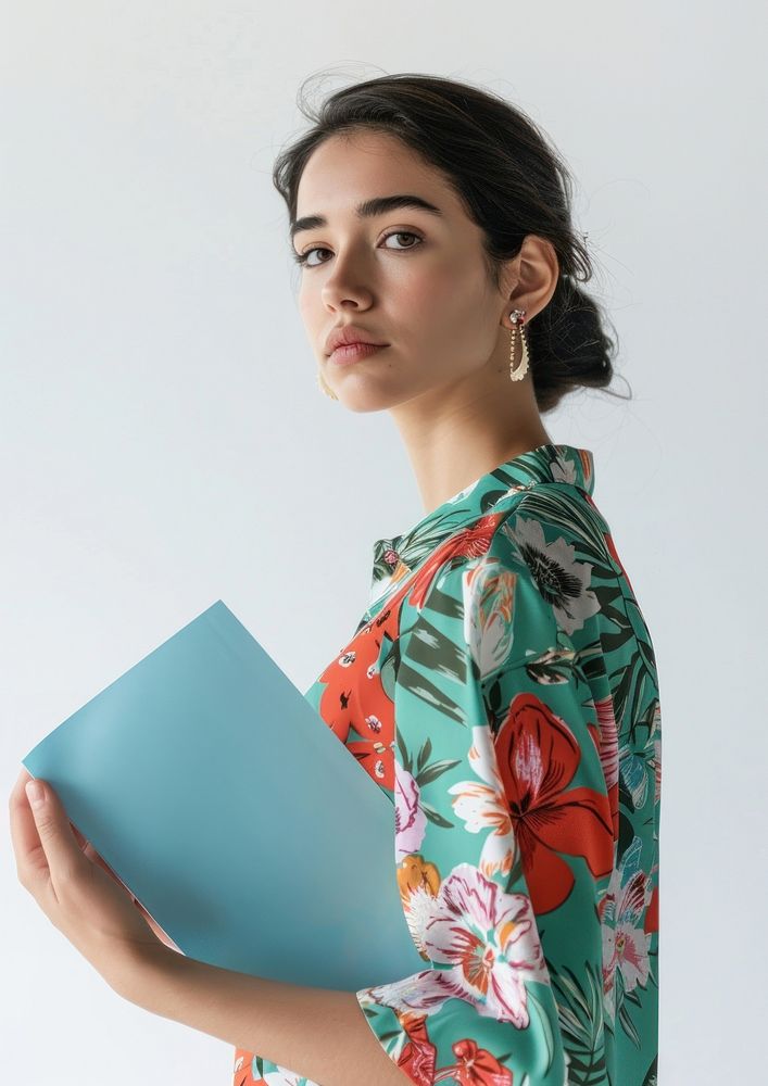 Holding a blue paper sheet photography dress woman.