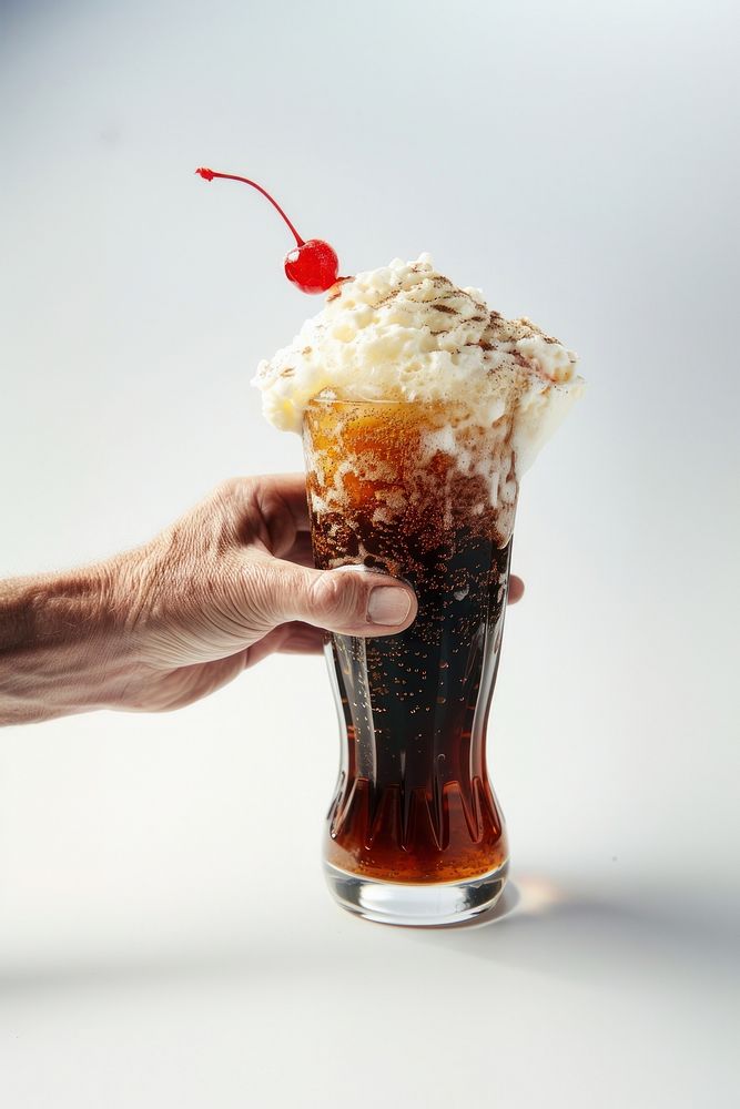 Hand clasps a tall glass of frothy root beer beverage dessert sundae.