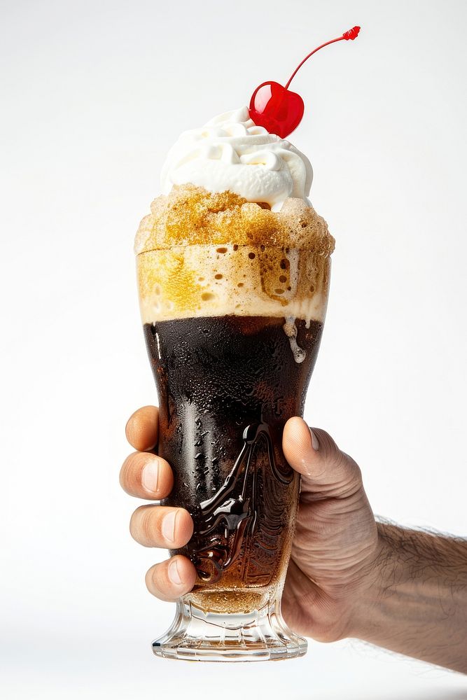 Hand clasps a tall glass of frothy root beer beverage alcohol dessert.