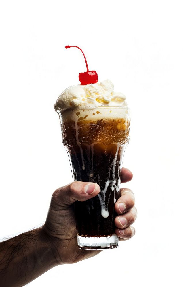 Hand clasps a tall glass of frothy root beer beverage dessert alcohol.