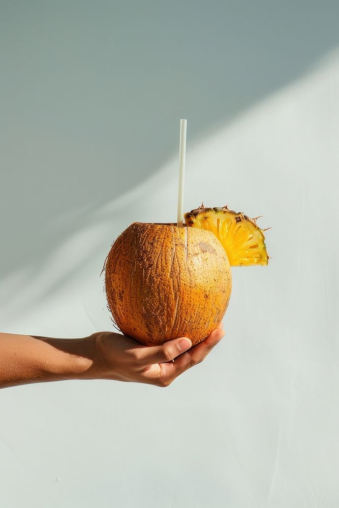 Hand carries a coconut with a straw poking out produce fruit plant.