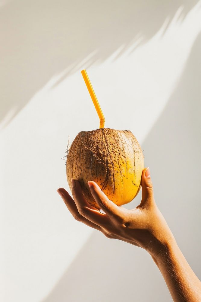 Hand carries a coconut with a straw poking out produce ammunition weaponry.