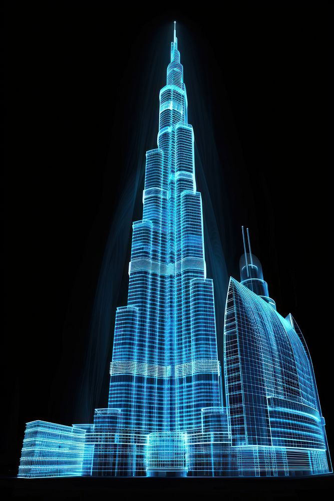 Glowing wireframe of burj khalifa architecture building landmark.