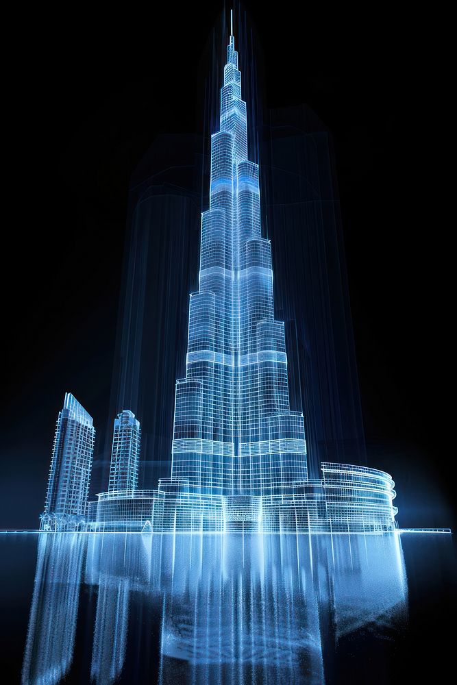 Glowing wireframe of burj khalifa architecture fountain building.