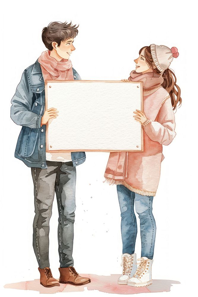 Couple in love holding blank notice board portrait photography illustrated.