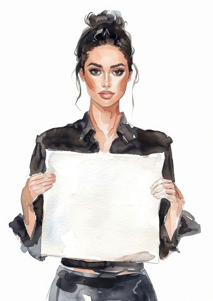 Fashion designer holding blank notice board portrait photography illustrated.