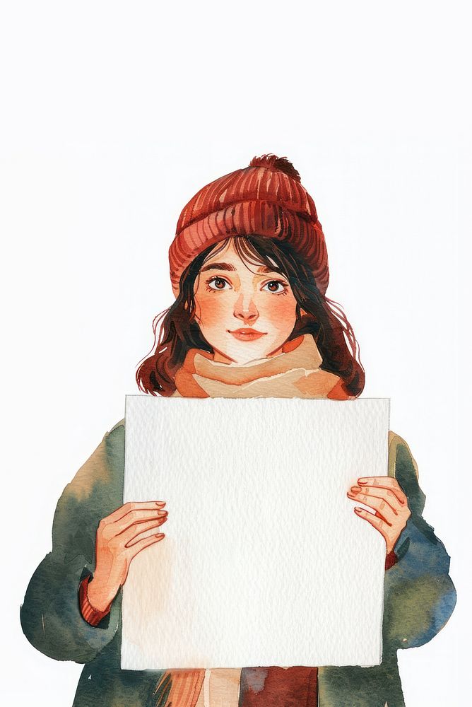 Woman artist holding blank notice board portrait photography illustrated.