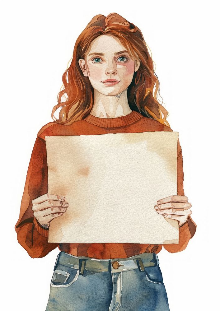 Young woman holding blank notice board portrait photography illustrated.