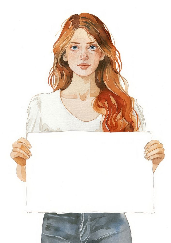 Young woman holding blank notice board portrait photography illustrated.