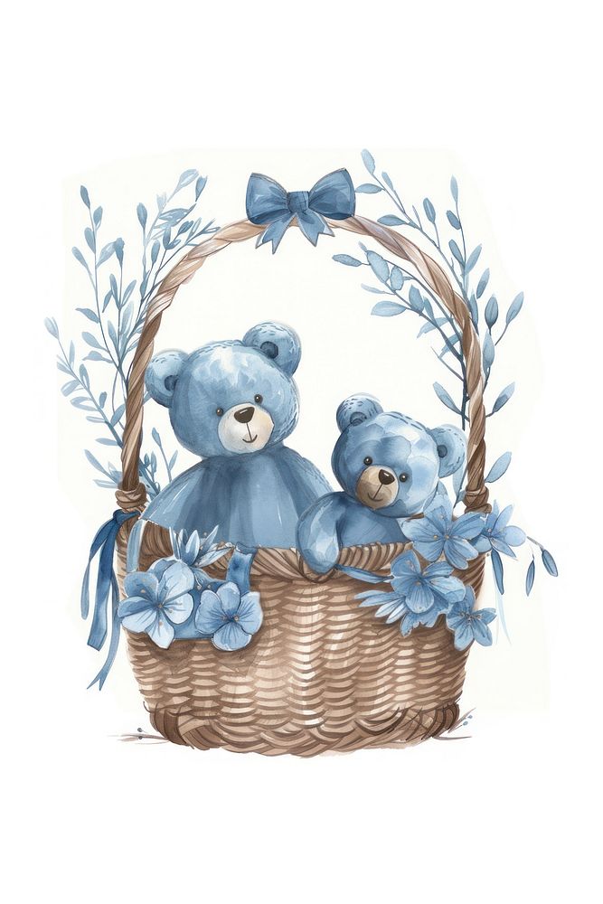 Basket blue teddy bears basket outdoors snowman.