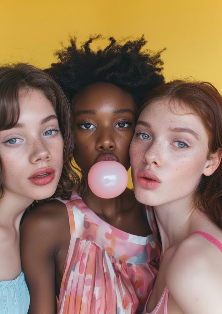 Three diverse friends person photo gum.