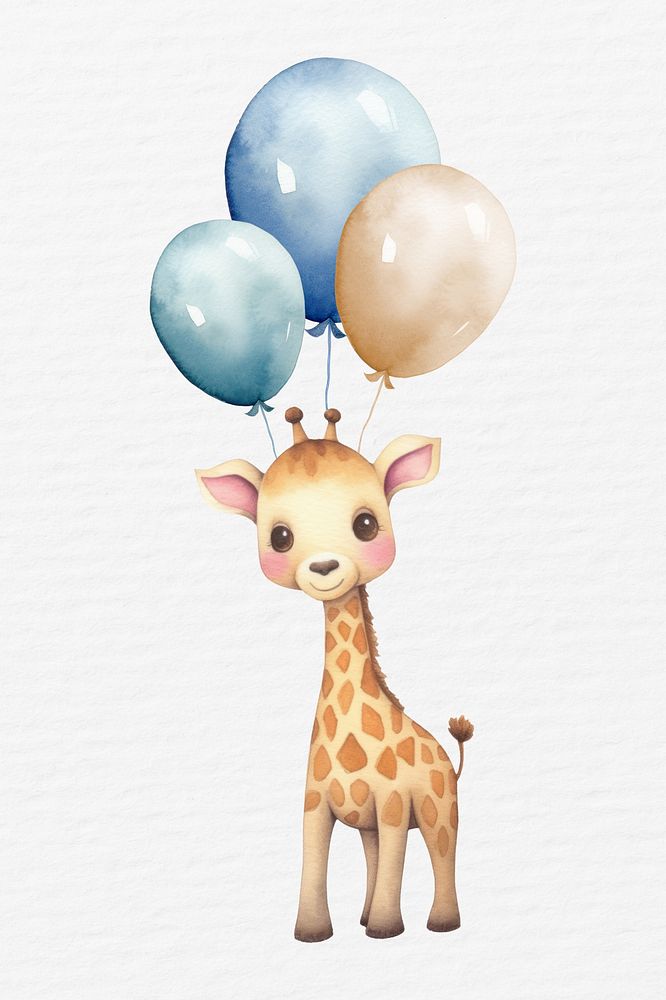 Giraffe with balloons watercolor animal character illustration