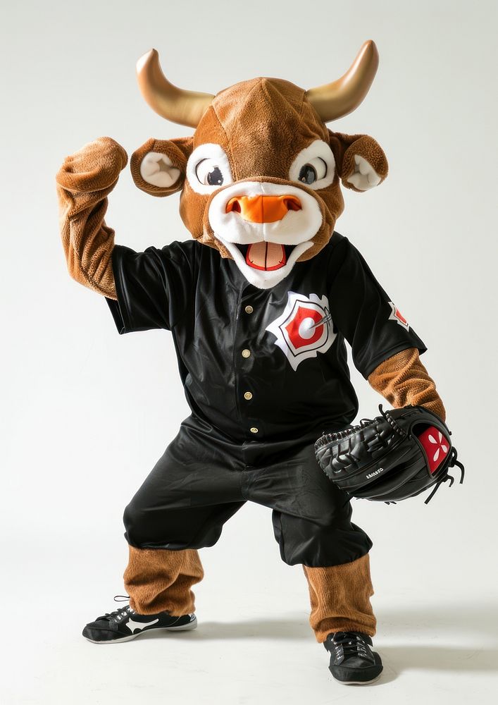 Bull mascot costume baseball person performer.