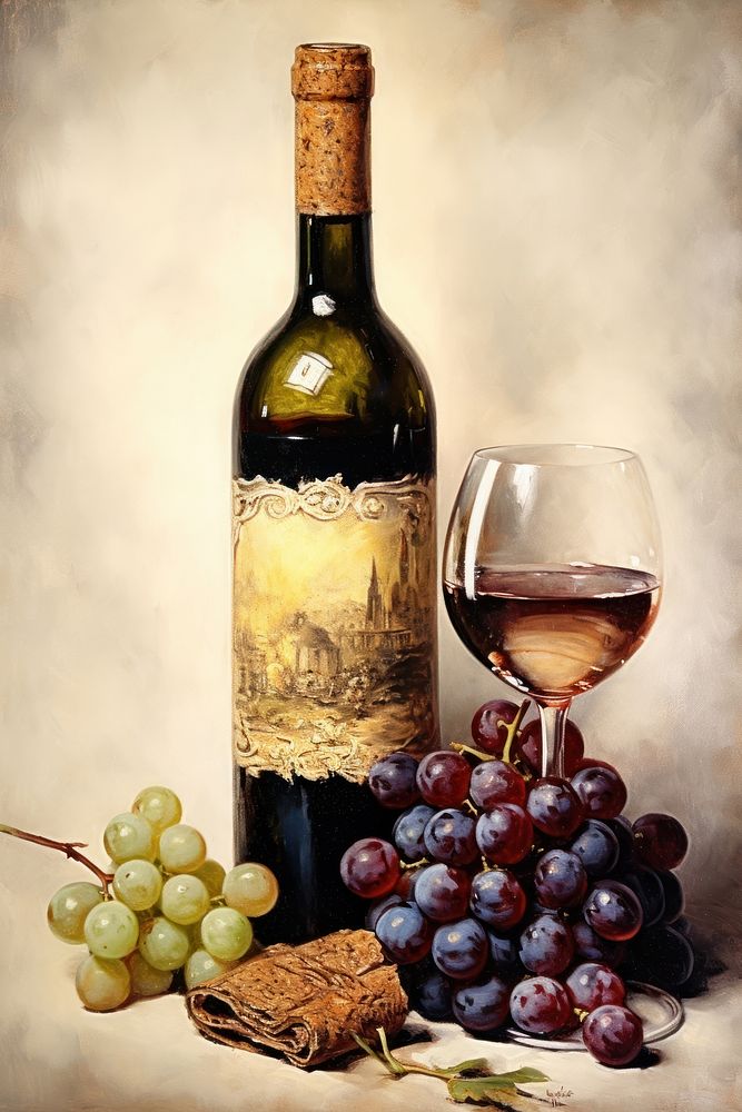 Close up on pale wine bottle grapes beverage.