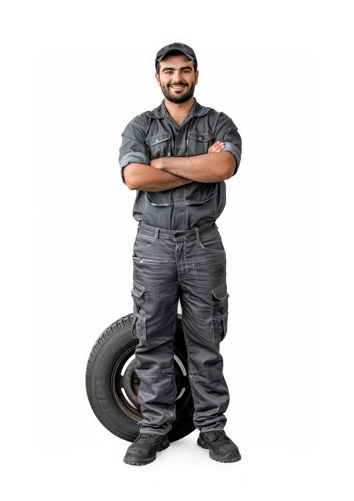 Mechanic smiling with tire transportation photography automobile.