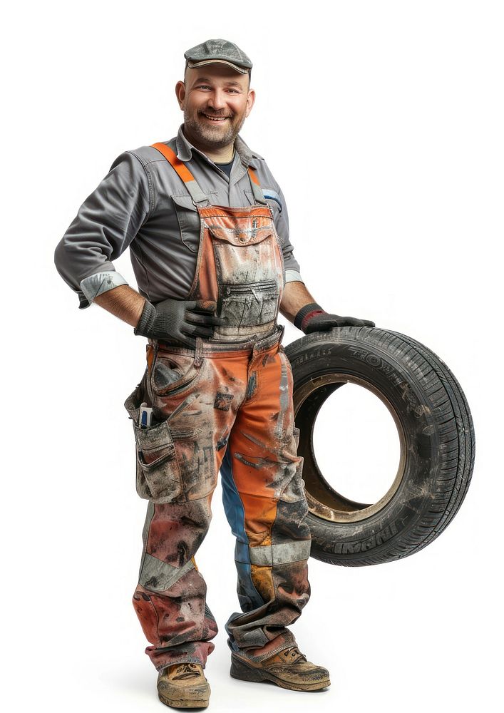 Mechanic smiling with tire transportation automobile clothing.
