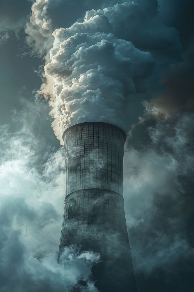 Steam coming out smoke tower architecture.