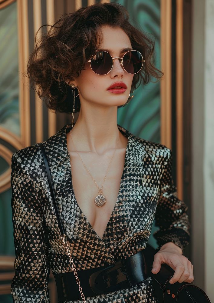 Stylish woman sunglasses necklace jewelry.
