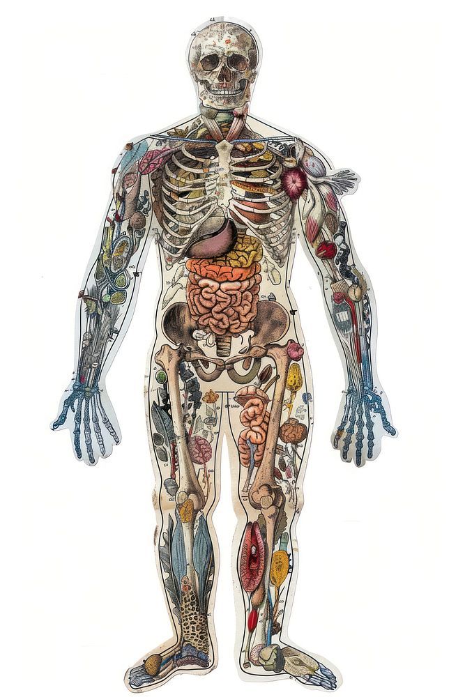 Old illustration body human skeleton female person.