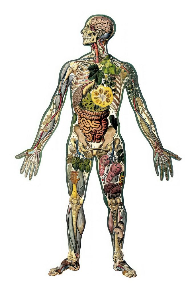 Old illustration body human skeleton person tattoo.