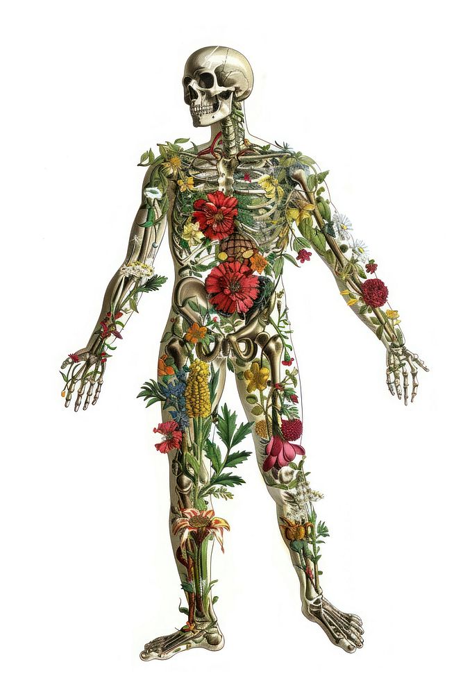 Old illustration body human pineapple skeleton wedding.
