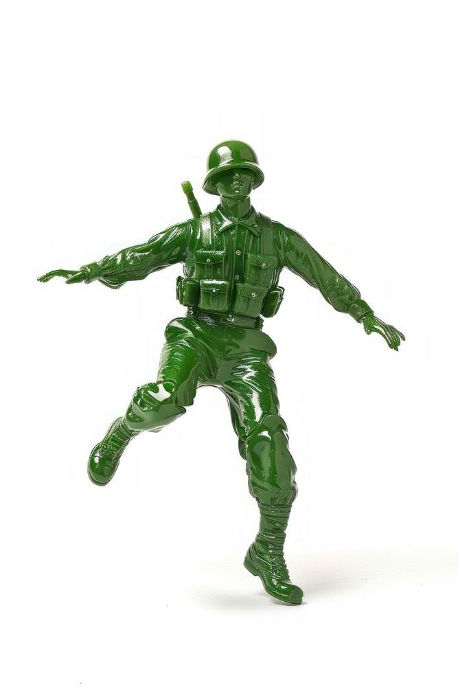 Plastic toy soldier doing jumping green clothing footwear.