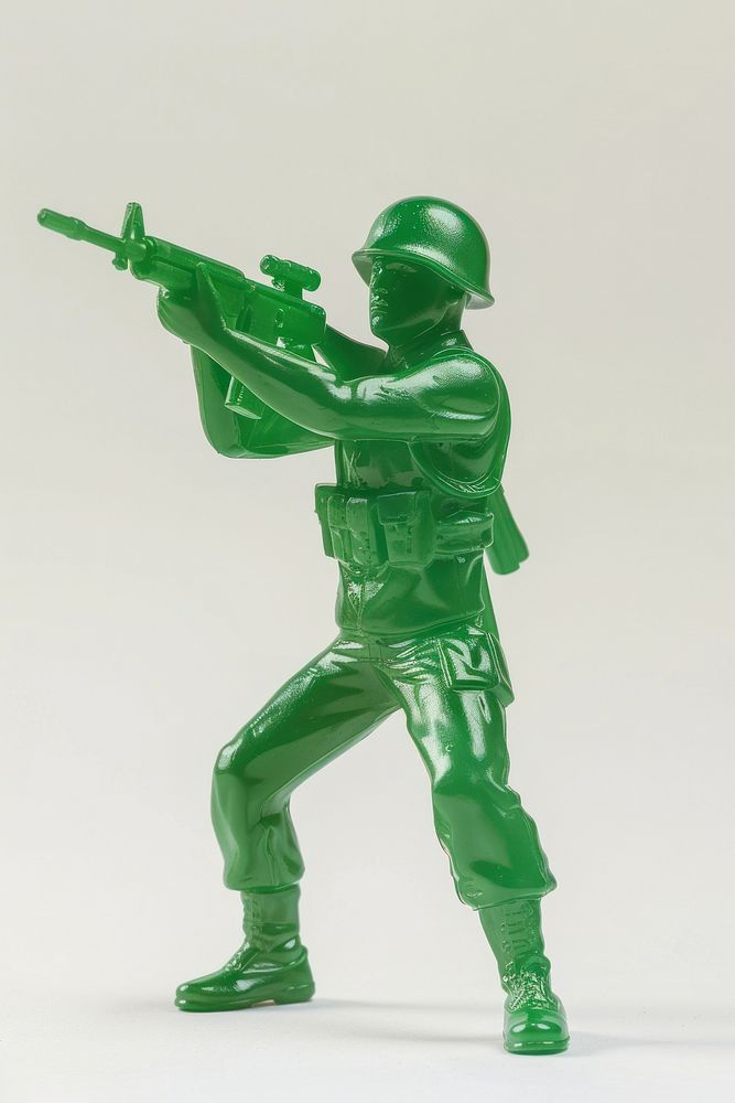 Plastic toy soldier doing playing clothing apparel hardhat.