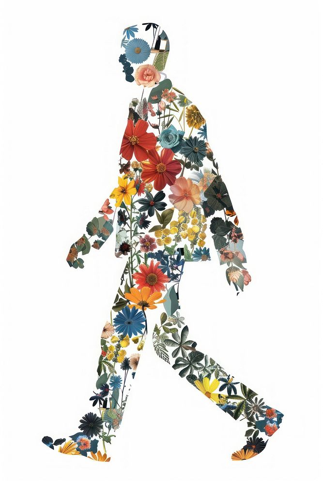 Flower Collage man walking outdoors pattern art.