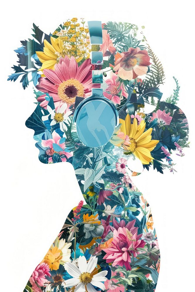 Person using headphone pattern flower collage.