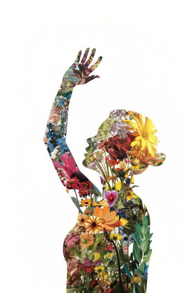 Collage woman raising hand flower plant art.