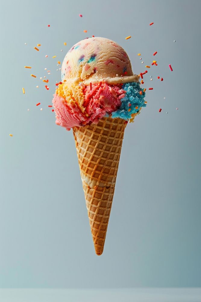Levitating Delicious colorful ice-cream in an ice-cream cone dessert creme food.